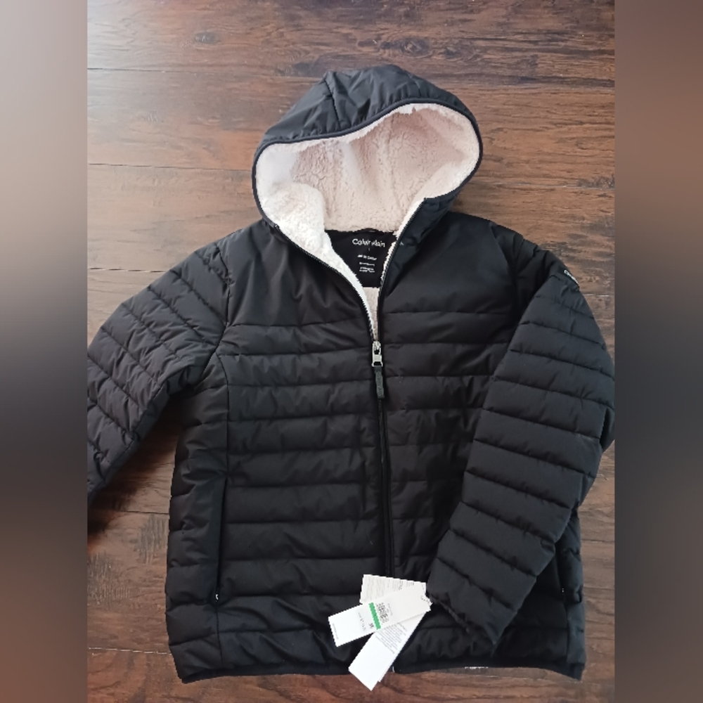 Calvin Klein Men's Black Hooded Puffer Jacket (sherpa lined)